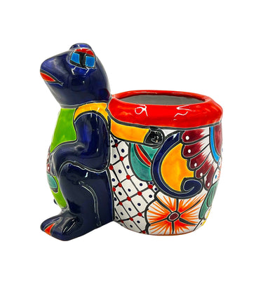 Mexican Talavera Standing Frog with Basket Planter Pot Hand Painted - Dark Blue Trim